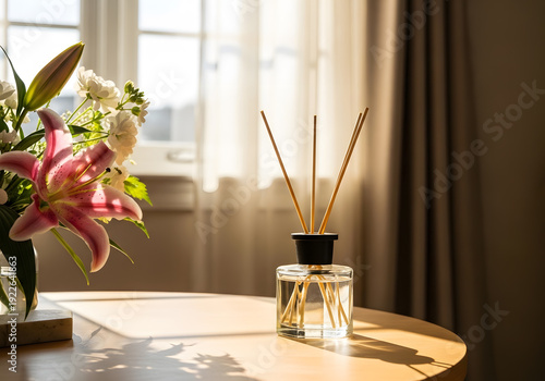 A reed diffuser and a vase of flowers on a table