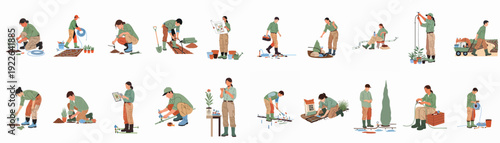 Illustrations of men and women gardeners managing drip irrigation, planting, mulching, and maintaining landscapes for efficient water use.