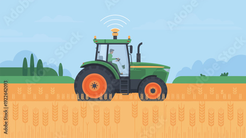 Green Tractor in Agricultural Field Illustration.