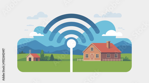Wireless Internet Signal Over Houses Landscape.