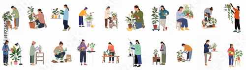 Diverse women caring for houseplants, demonstrating various aspects of indoor gardening and plant maintenance.