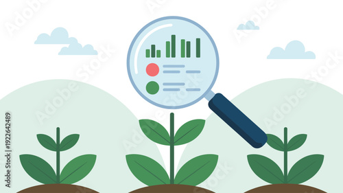 Magnifying Glass Examining Growing Seedlings and Data.