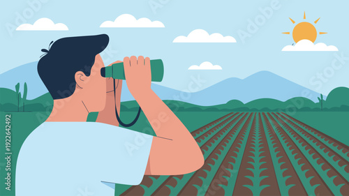 Man Looking Through Binoculars in Field.