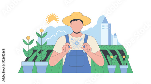 Farmer holding a young plant in garden.