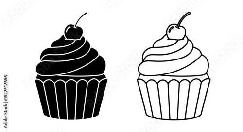 Delicious cupcakes with cherry topping, black and white illustration Vector