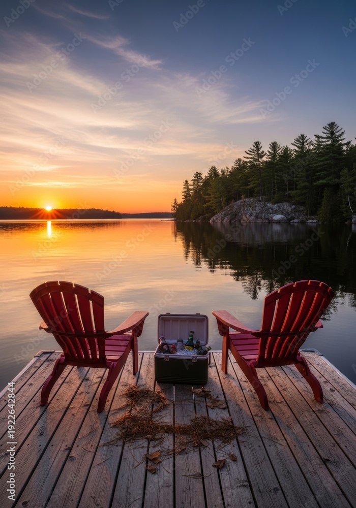 Fototapeta premium Red Adirondack chairs and cooler on lake dock at sunset. Serene lake landscape with vibrant sky for travel or relaxation concept.