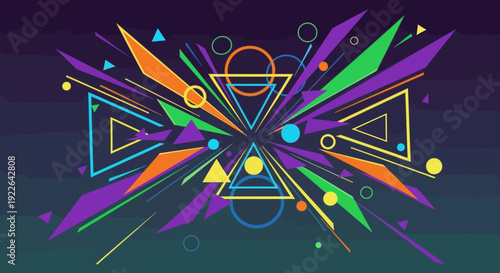 Abstract Exploding Geometric Shapes with Colorful Triangles and Circles on Dark Gradient Background