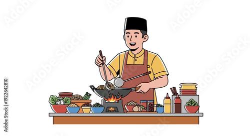 Happy Indonesian Asian Chef Cooking Street Food in a Wok Over Fire on White Background