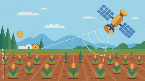 Satellite orbiting above agricultural field illustration.