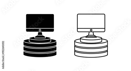 Modern server rack with dual monitors, high performance computing setup, data center Vector