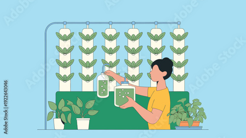Woman Examining Plants in Vertical Garden Setup.