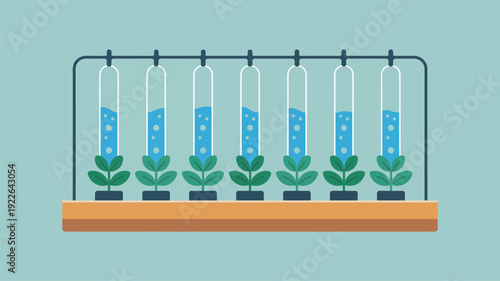 Hydroponic System with Plants and Test Tubes.