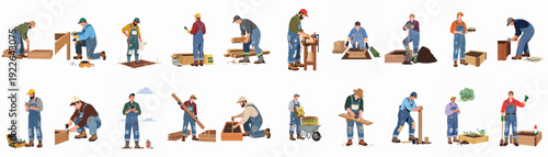 Men building, planting, and maintaining raised garden beds for home and urban gardening projects, showcasing DIY construction and horticultural activities.