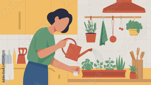 Woman Watering Plants in Kitchen Garden.