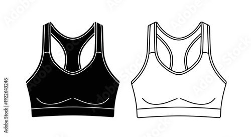 Black and white sports bras, athletic bra design, workout clothing Vector