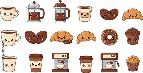 Cute Kawaii Coffee and Pastry Cartoon Set with Cups, Croissant, Donut, Muffin and Espresso Machine Characters Isolated on White Background