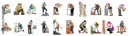 Botanists and Nature Enthusiasts Exploring Flora: A Collection of People Studying Plants, Observing with Magnifying Glasses, and Documenting Discoveries in Diverse Environments.