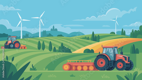 Tractors Farming in Green Field Landscape.