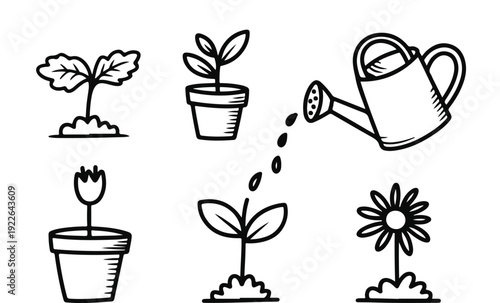 Set of gardening icons with plants flowers pots leaves and drinks