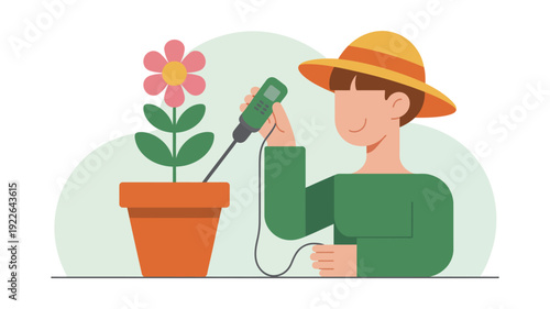 Man Watering Flower Pot with Green Watering Can.