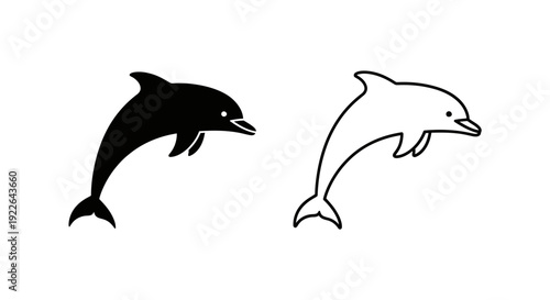 Two dolphins swimming in the ocean, black and white illustration, vector art Vector