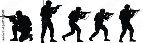 Military soldier silhouette collection, armed tactical army forces aiming rifles isolated on white background vector illustration set