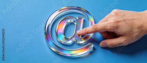 虹色に輝くガラスのメールアイコンに触れる手の動き