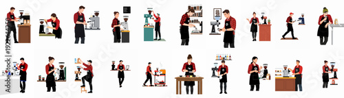 Diverse Baristas Preparing and Serving Coffee in Various Café Settings - Flat Vector Illustration Set for Coffee Shops and Hospitality