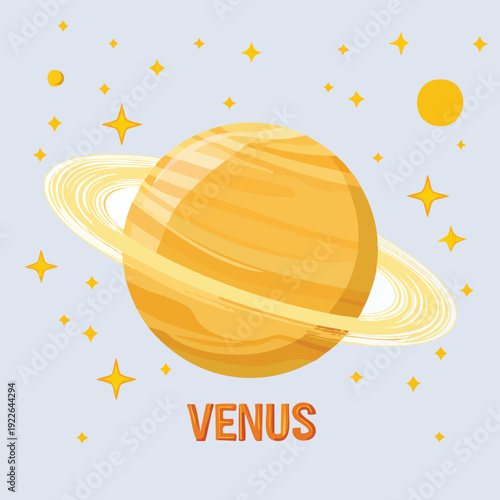 Cartoon planet illustration with rings and surrounding stars