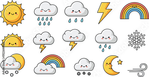 Cute Kawaii Weather Cartoon Collection with Sun, Moon, Clouds, Rain, Rainbow, Lightning and Snowflake Icons Isolated on White Background