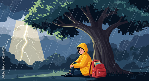 Young person in yellow raincoat sitting under a tree during a thunderstorm.