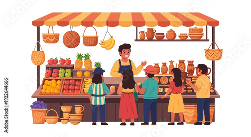Traditional Street Market Stall with Vendor Selling Fresh Fruits and Pottery to Customers