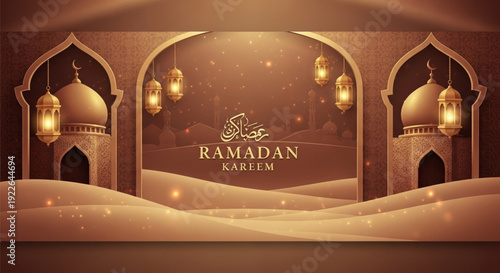Luxury Ramadan Kareem Background with Golden Mosque and Lanterns