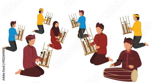 Group of People Playing Traditional Indonesian Angklung Bamboo Musical Instrument Illustration