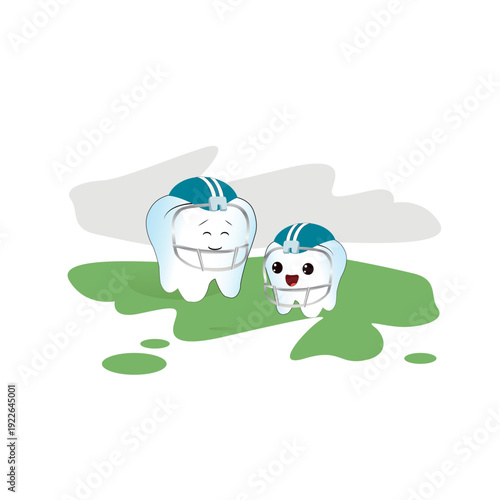 Cute Tooth Characters Wearing Sports Helmets – Dental Protection Concept, Pediatric Oral Care Illustration