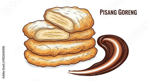 A stack of fried banana slices with chocolate sauce, showcasing a sweet dessert, viewed from the front