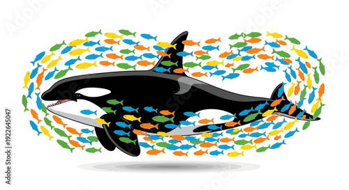 Orca leaping from water surrounded by colorful abstract fish shapes in dynamic illustration