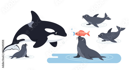 Orca and seal interacting with fish in aquatic environment illustration