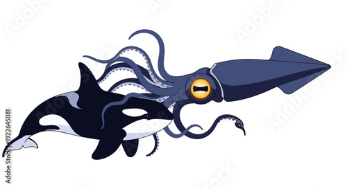 An orca and giant squid swimming together in the deep ocean, viewed from the side