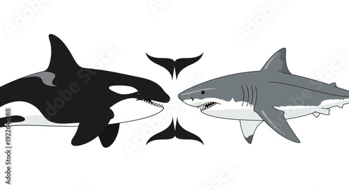 An orca and great white shark face off in a dramatic ocean confrontation scene illustration