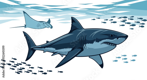 Illustration of a shark swimming near the ocean surface with smaller fish nearby