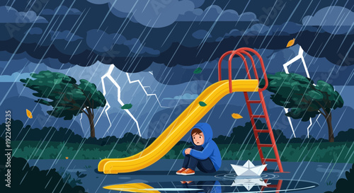 Child playing with paper boat under slide during heavy rain.