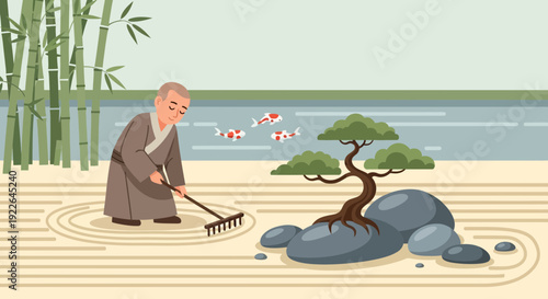 Elderly man raking sand in a serene Japanese rock garden.