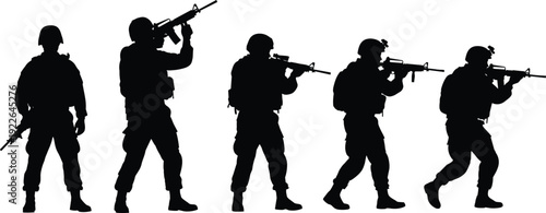 Military soldiers silhouette set, tactical army team with rifles in combat positions isolated on white background illustration vector style