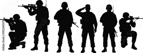 Military soldier silhouette set, armed army forces in combat poses with rifles isolated on white background vector illustration