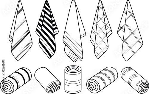 Hand Drawn Vector Illustration Set of Hanging and Rolled Kitchen Towels Napkins with Different Patterns Stripes and Plaid Texture Designs