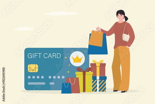 Woman client with shopping bags and gift card. Discount, loyalty card program and customer service. Promotion campaign, marketing. Female character with purchases, gifts.