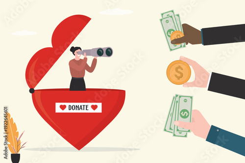 Female volunteer stands in opened heart and seeks new sources of help and financial support. Concept of charity, donation, financial assistance, aid or support, philanthropy.