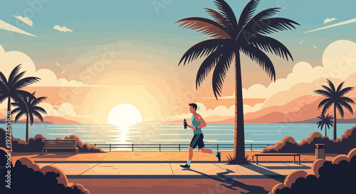 Man jogging along the beach promenade at sunset.