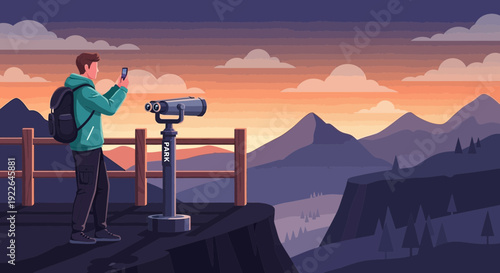Man observing through a coin operated telescope at a scenic viewpoint.
